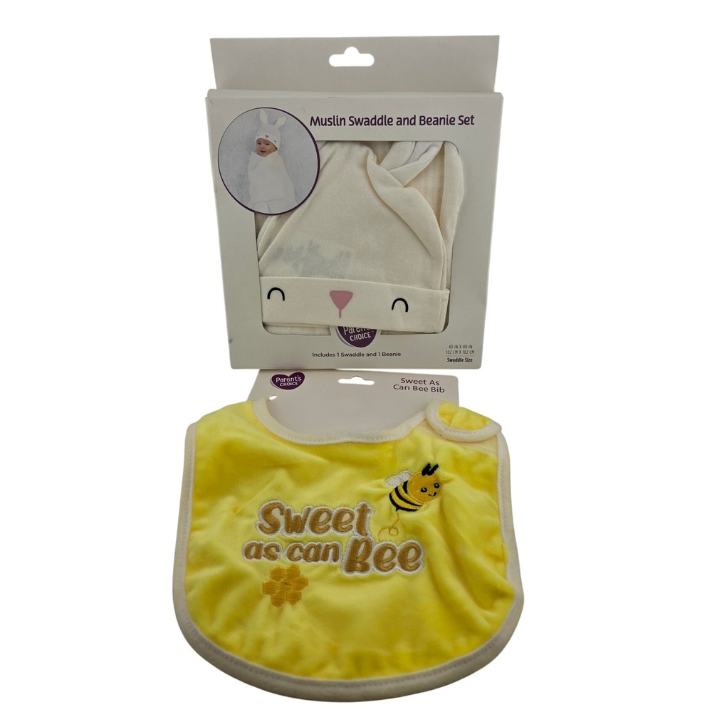 Parent's Choice Baby Swaddle and Beanie Set with Bib‎ 2-Piece Bunny New